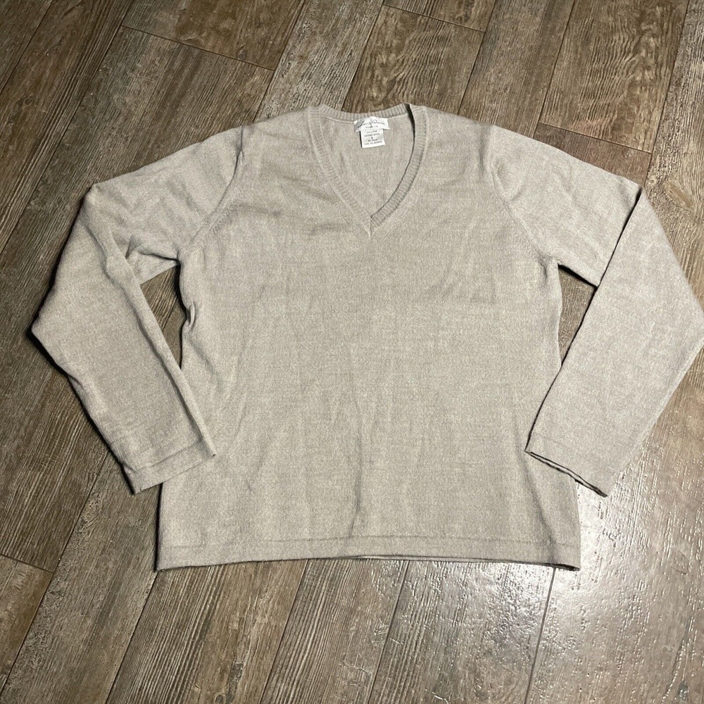 Linea Donna 100% Merino Wool V-Neck Sweater Vintage Tan Womens Large Italy Made